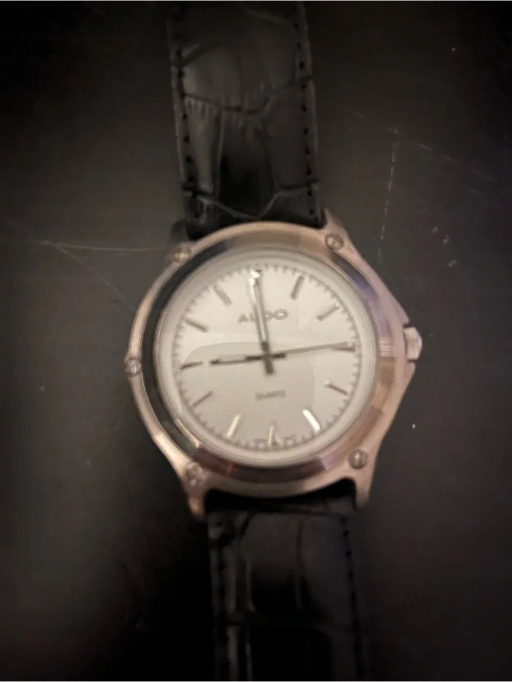 Aldo Silver Dial Watch with Black Leather Strap